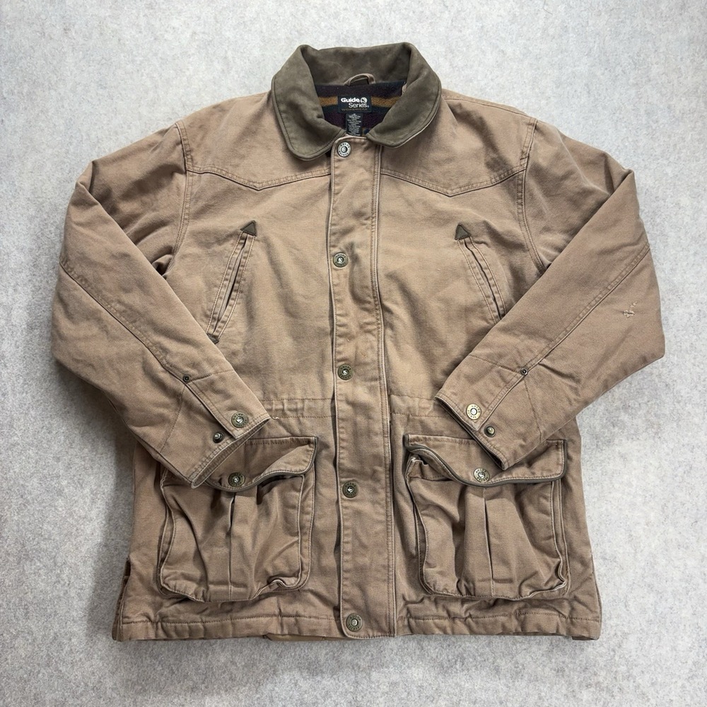 Guide Series Chore Flannel Lined Jacket Men's Medium Leather Collar Distressed